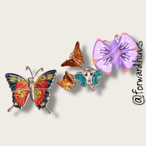 Vintage Butterfly Brooch Set – Lot of 5 – Mixed Metals, Wood & Enamel - Picture 6 of 8